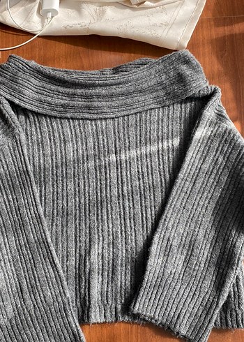Gri Kadın Triko kayık Yaka Kazak - Görsel 4