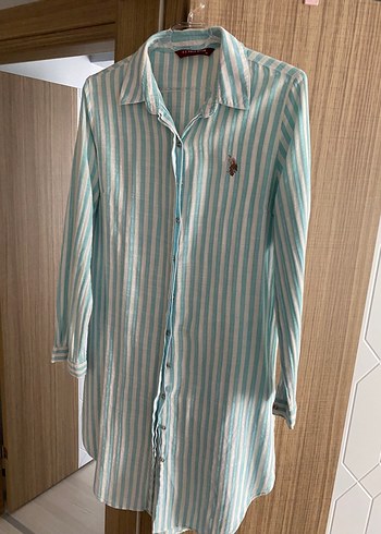 Turkuaz Çizgili Pamuklu Uzun Kollu Gömlek - Görsel 2