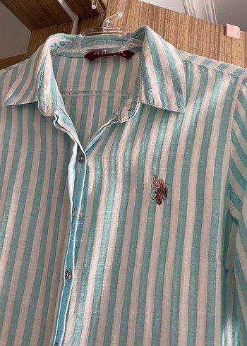 Turkuaz Çizgili Pamuklu Uzun Kollu Gömlek - Görsel 3