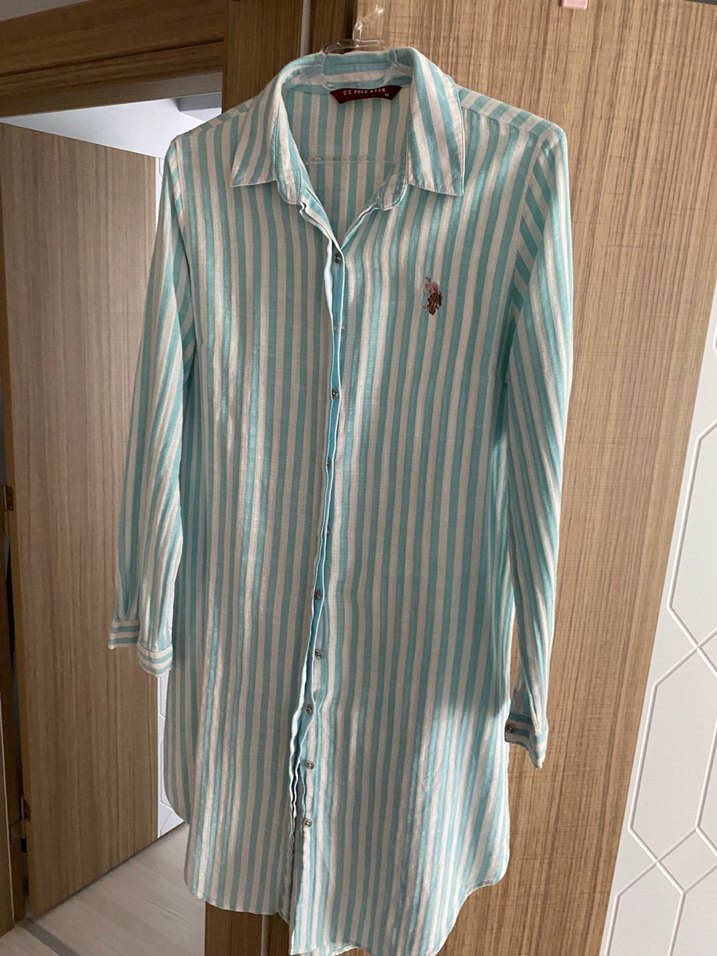 Turkuaz Çizgili Pamuklu Uzun Kollu Gömlek - Görsel 2