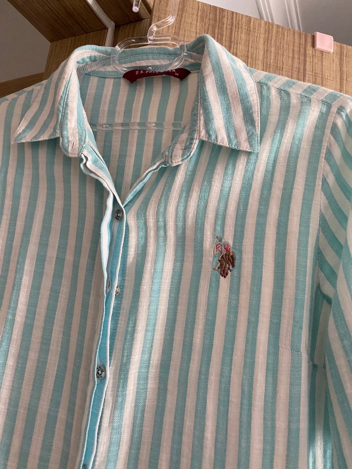 Turkuaz Çizgili Pamuklu Uzun Kollu Gömlek - Görsel 3