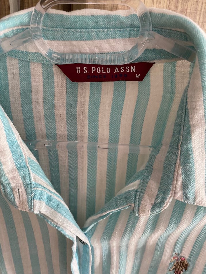 Turkuaz Çizgili Pamuklu Uzun Kollu Gömlek - Görsel 4