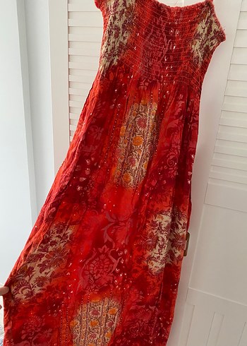 Turuncu Bağlama Desenli Uzun Bohem Elbise - Görsel 3