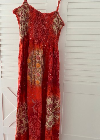 Turuncu Bağlama Desenli Uzun Bohem Elbise - Görsel 4