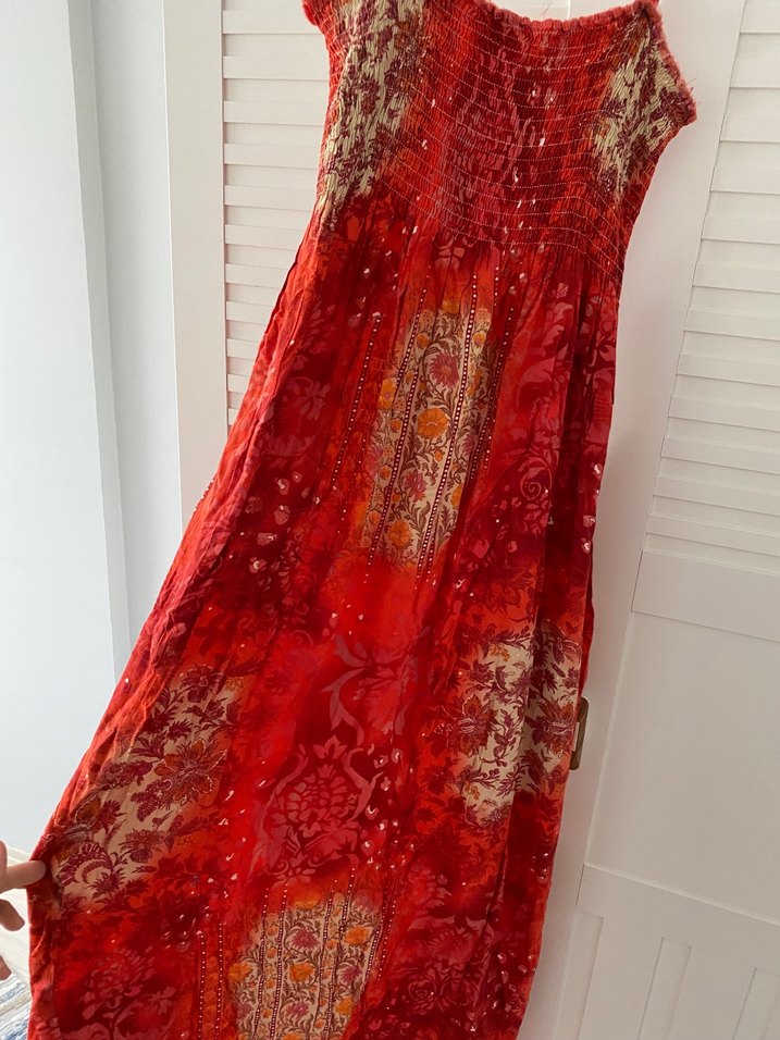 Turuncu Bağlama Desenli Uzun Bohem Elbise - Görsel 3