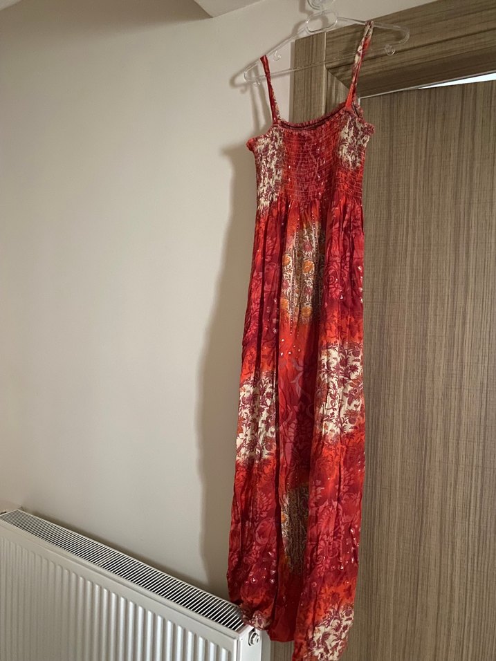 Turuncu Bağlama Desenli Uzun Bohem Elbise - Görsel 2