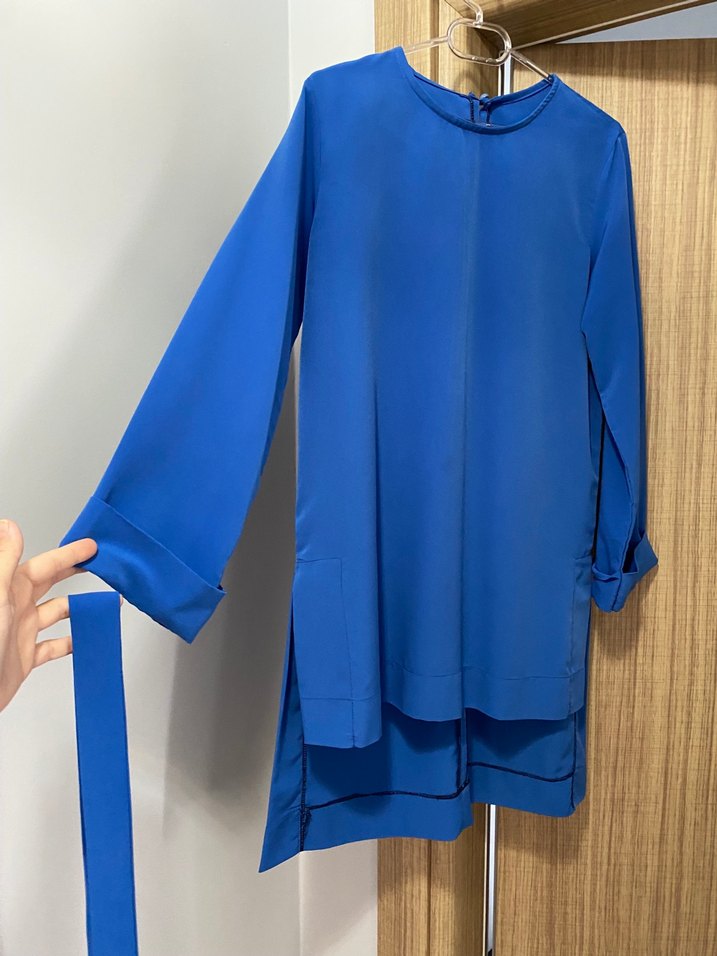 Mavi krep kumaştan Kadın Tunik, Uzun Kollu, Salaş - Görsel 2
