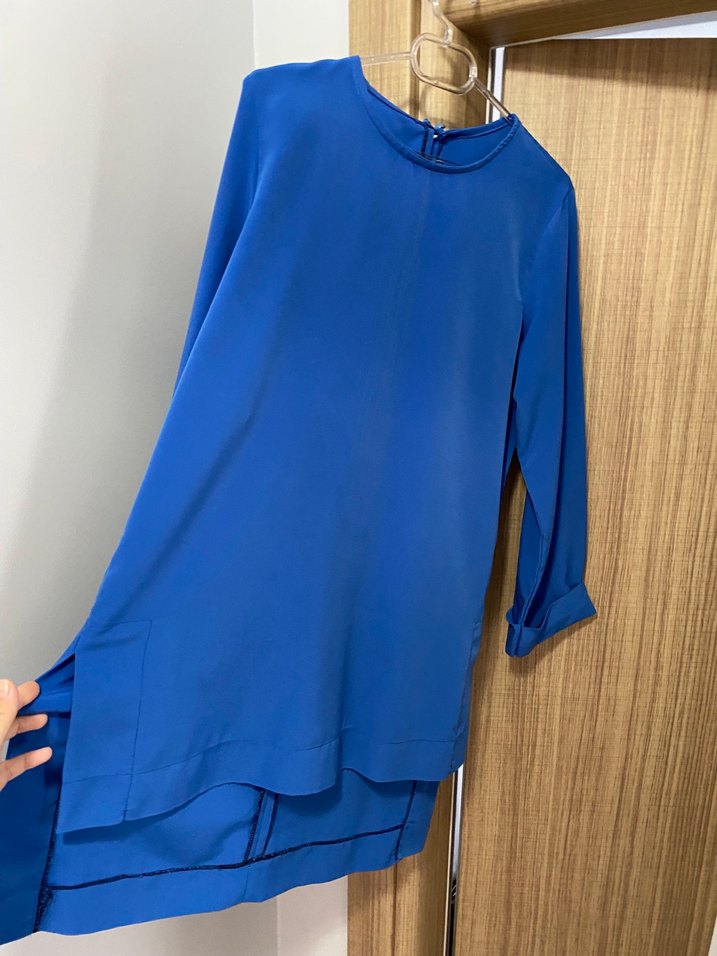 Mavi krep kumaştan Kadın Tunik, Uzun Kollu, Salaş - Görsel 4
