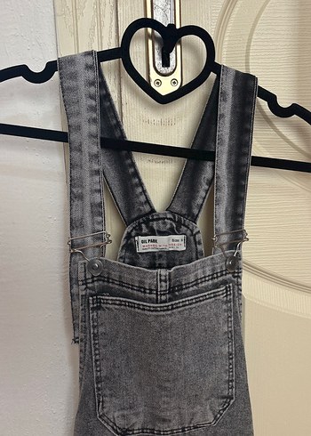 s Beden Gri Denim Askılı Tulum