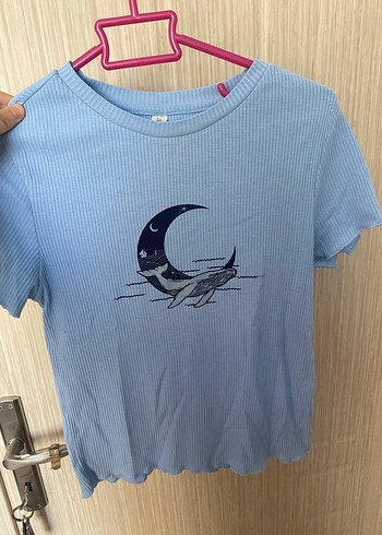 Mavi Kısa Kollu Pamuklu Tişört - Görsel 2