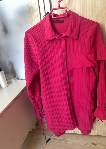 Düğmeli Pembe Keten Kadın Gömlek - Görsel 2