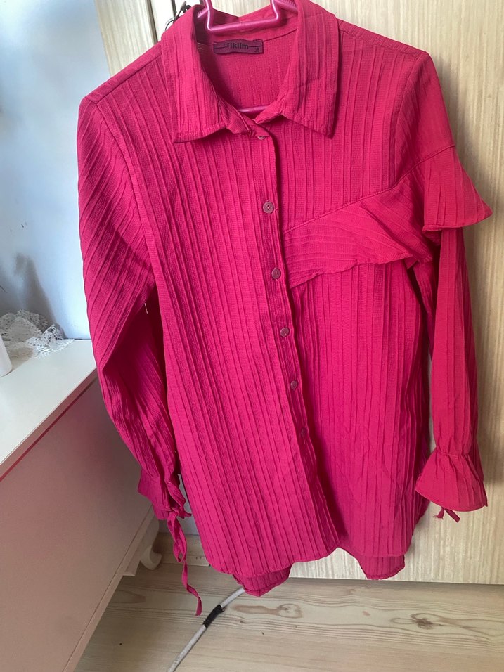 Düğmeli Pembe Keten Kadın Gömlek - Görsel 3