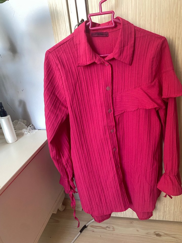 Düğmeli Pembe Keten Kadın Gömlek - Görsel 2