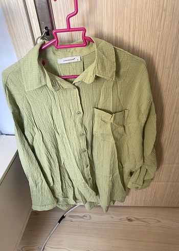 Yeşil Keten Rahat Kesim Kadın Gömlek - Görsel 2