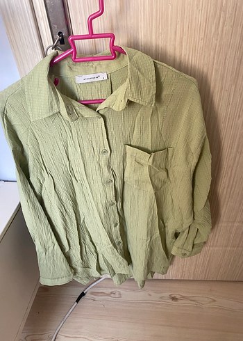 Yeşil Keten Rahat Kesim Kadın Gömlek - Görsel 3