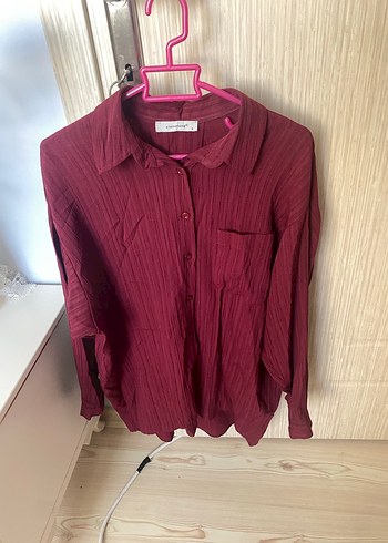 Bordo Düğmeli Kadın Keten Gömlek - Görsel 5