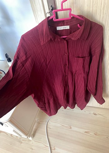 Bordo Düğmeli Kadın Keten Gömlek - Görsel 2