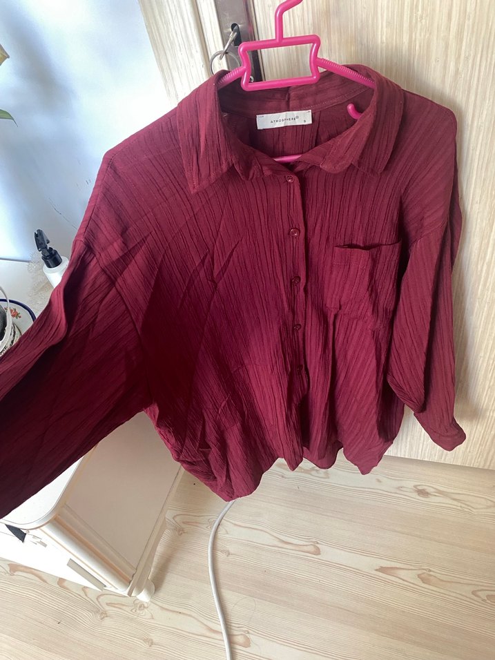 Bordo Düğmeli Kadın Keten Gömlek - Görsel 2