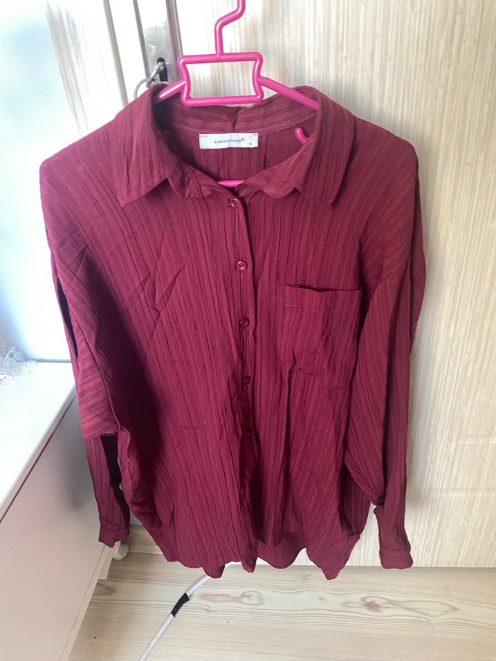 Bordo Düğmeli Kadın Keten Gömlek - Görsel 3