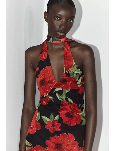 Zara Zara Fularlı Tül Çiçek Desenli Elbise
