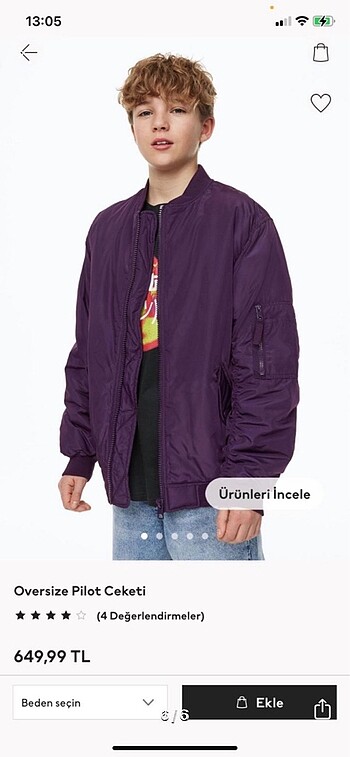 HM bomber mor ceket 12-13 yaş pilot ceket