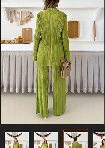 Kadın Yeşil Pilili Uzun Kumaş Takım - Görsel 2