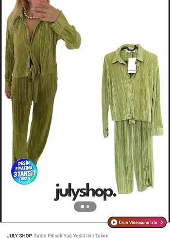 Kadın Yeşil Pilili Uzun Kumaş Takım - Görsel 3