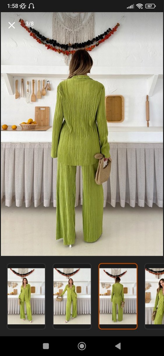 Kadın Yeşil Pilili Uzun Kumaş Takım - Görsel 2