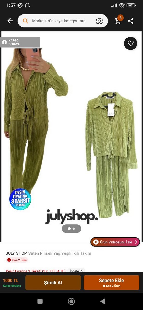 Kadın Yeşil Pilili Uzun Kumaş Takım - Görsel 3