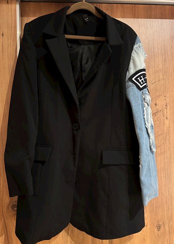 Düğmeli Siyah Denim Kadın Blazer