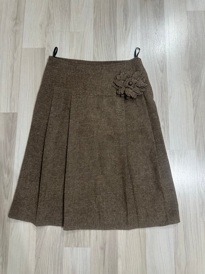 Kahverengi Vintage Yün Pilili Midi Etek - Görsel 2