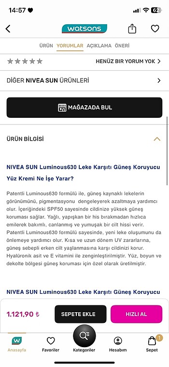 Beden Nivea güneş kremi