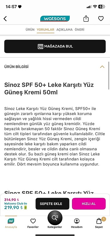  Beden Sinoz güneş kremi