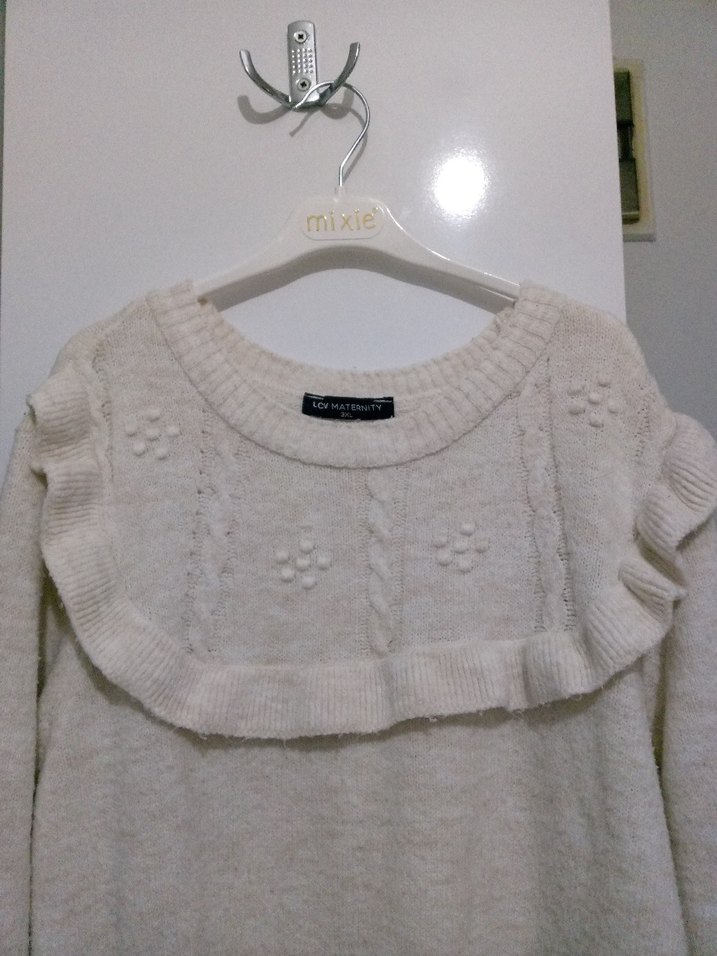 ekru renk Fırfırlı Salaş Kazak - Görsel 2