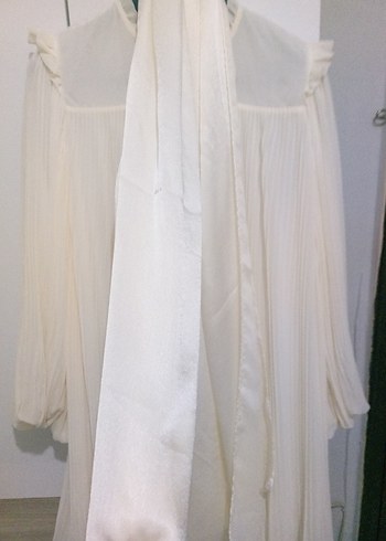 ekru Uzun Piliseli şifon Elbise - Görsel 3