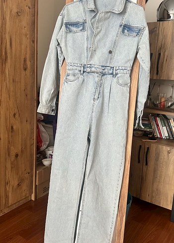 Buz mavisi Denim Kemerli Kadın Tulum