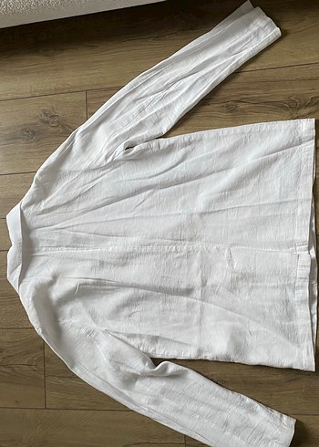 Beyaz Kadın Keten Ceket Düğmeli - Görsel 2