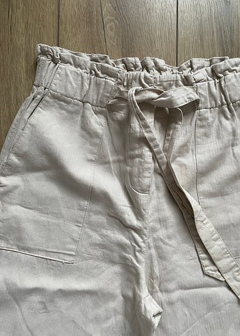 Bej Keten Kadın Kemerli Bol Kesim Pantolon - Görsel 2