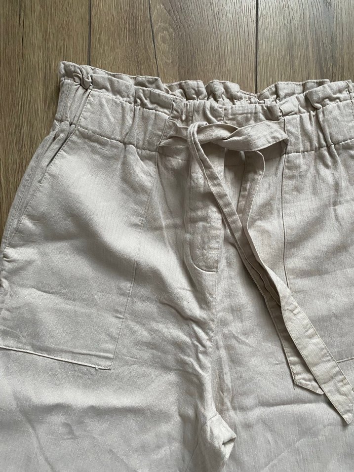 Bej Keten Kadın Kemerli Bol Kesim Pantolon - Görsel 2