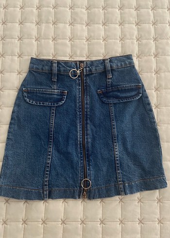 Tokalı Mavi Denim Mini Etek