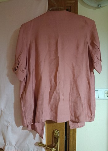 Gül kurusu Keten Düğmeli Kadın Gömlek - Görsel 4