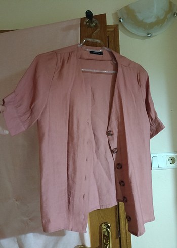 Gül kurusu Keten Düğmeli Kadın Gömlek - Görsel 2