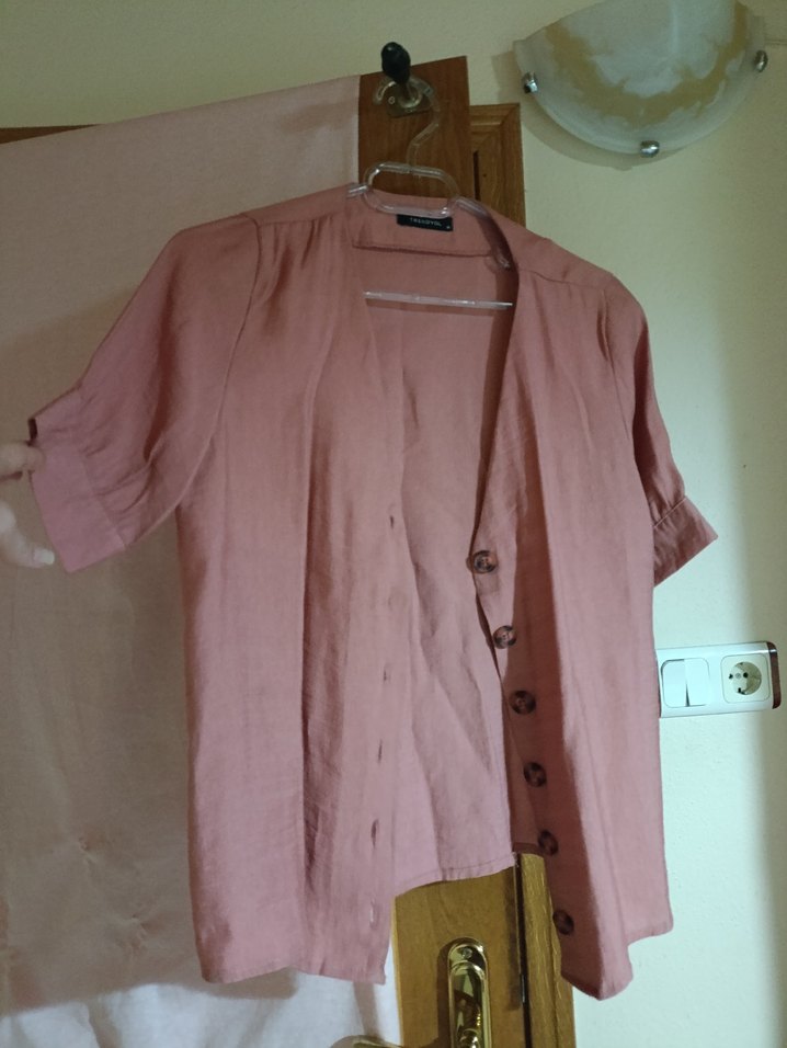 Gül kurusu Keten Düğmeli Kadın Gömlek - Görsel 2