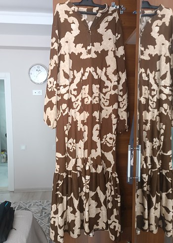 Kahverengi Batik Desenli Uzun Bohem Elbise