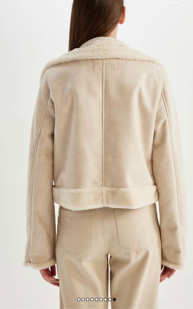 Bej Süet Kürk Detaylı Midi Ceket - Görsel 3
