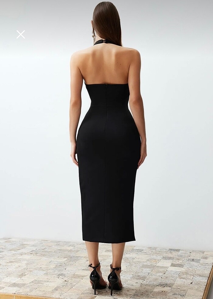 Yırtmaçlı midi dokuma elbise - Görsel 3