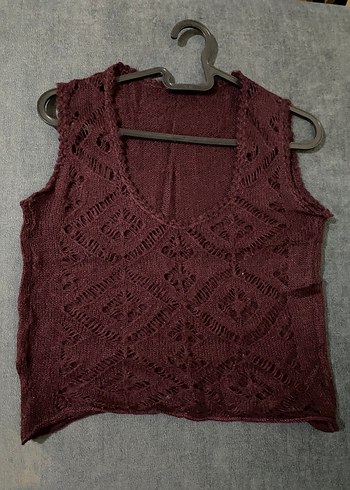 Bordo Mürdüm Crop Örgü Süveter Vintage