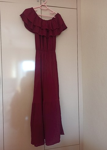 Bordo Fırfırlı Madonna Yaka Elbise