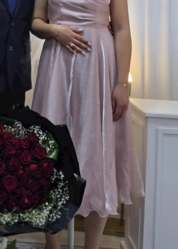 Pudra Pembe Midi Straplez Abiye Elbise