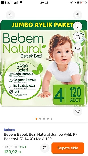 Bebem natural bebek bezi-120'li